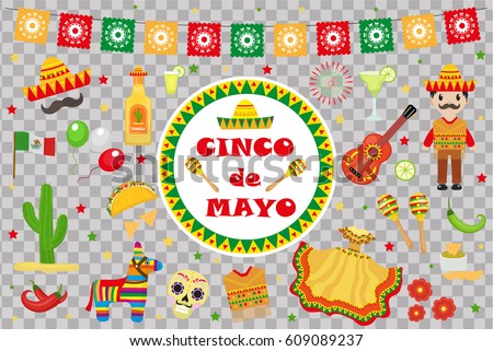 Cinco de Mayo celebration in Mexico, icons set, design element, flat style.Collection objects for Cinco de Mayo parade with pinata, food, sambrero, tequila, cactus, flag. Vector illustration, clip art