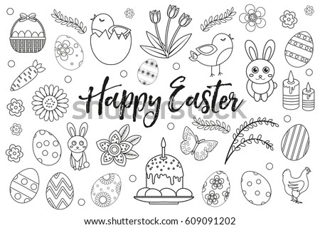 Happy Easter collection object, design element. Hand drawing, outline style. Easter coloring page set. Vector illustration, clip art