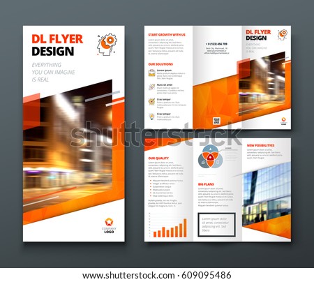 Tri fold brochure design. Orange DL Corporate business template for try fold brochure or flyer. Layout with modern elements and abstract background. Creative concept folded flyer or brochure. Royalty-Free Stock Photo #609095486