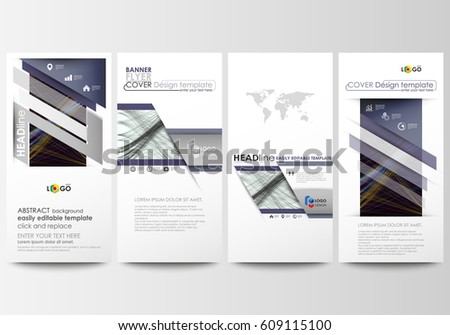 Flyers set, modern banners. Business templates. Cover template, easy editable flat style layouts, vector illustration. Abstract waves, lines and curves. Dark color background. Motion design.