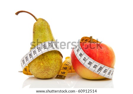 healthy diet; pear and apple with measure tape over white background