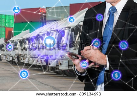 Businessman signing or writing a document in front Industrial Container Cargo freight ship, Online goods orders worldwide Internet of Things concept.