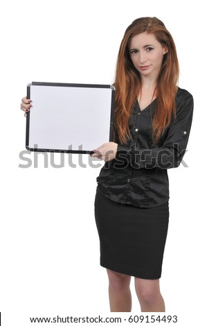 Beautiful young woman holding up a blank dry erase sign