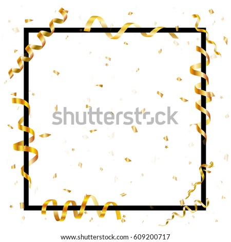 Card or frame template with colorful curling streamers or ribbons with confetti. Vector illustration. 