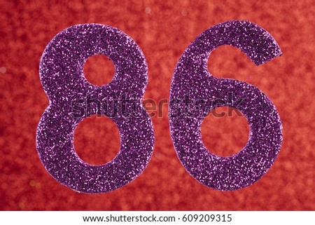 Number eighty-six purple color over a red background. Anniversary. Horizontal