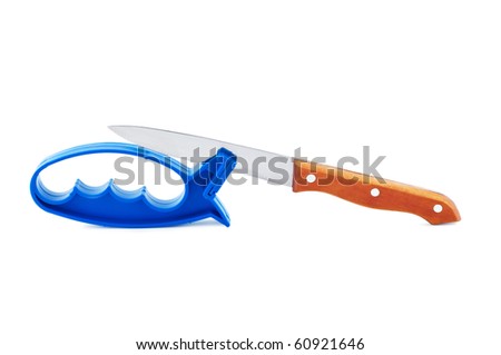 Knife and sharpener isolated on white.