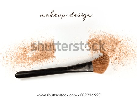 Makeup brush and powder, shot from above on a white background. A horizontal template for a makeup artist's business card or flyer design, with plenty of copy space