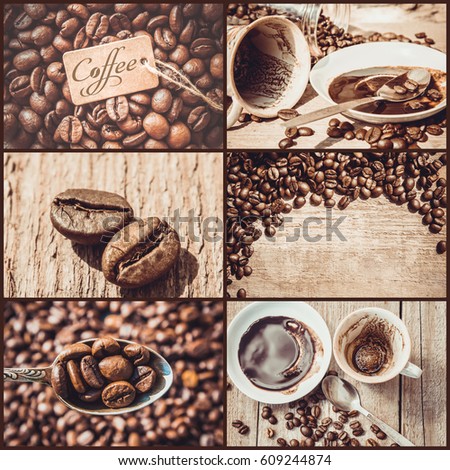 collage of coffee. a lot of pictures. selective focus.