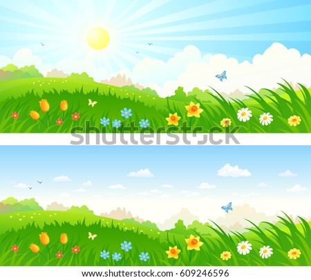 Vector cartoon illustration of a beautiful meadow with spring flowers, panoramic banners