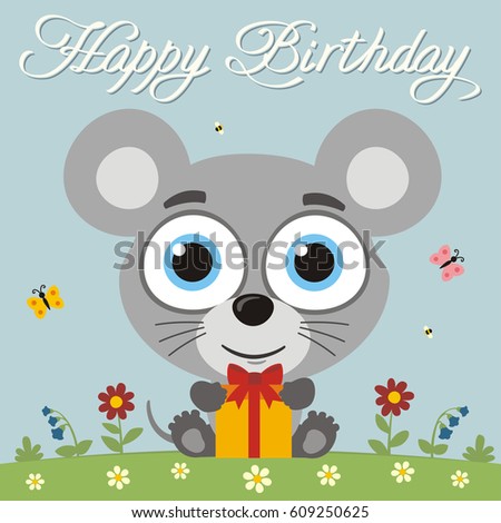 Happy birthday! Funny little mouse with gift in cartoon style. Greeting card.