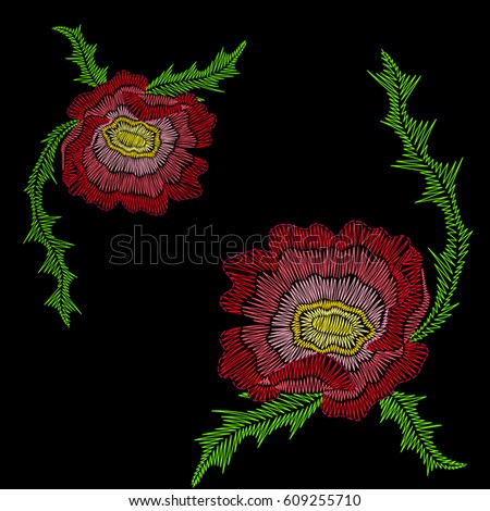 Embroidery stitches with poppy wild flowers, fashion neckline, bomber back. Vector embroidered ornament on black background for traditional folk floral decoration
