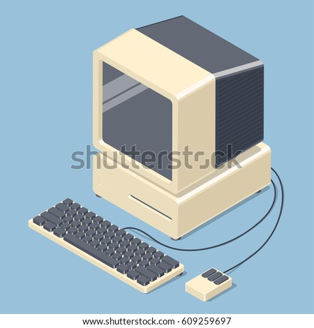 Retro personal computer. Old PC with display, keyboard, mouse. Isometric vector illustration Royalty-Free Stock Photo #609259697