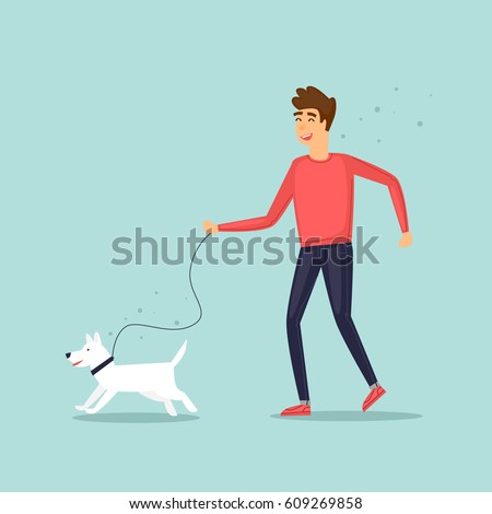 Guy on a walk with a dog. Character design. Isolated. Flat design vector illustrations.