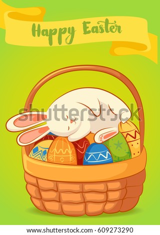 Card with sleeping the Easter Bunny on a yellow background. Basket with Easter eggs. Inscription - Happy Easter.