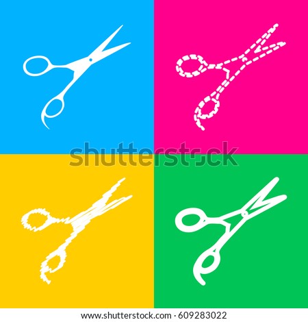 Hair cutting scissors sign. Four styles of icon on four color squares.