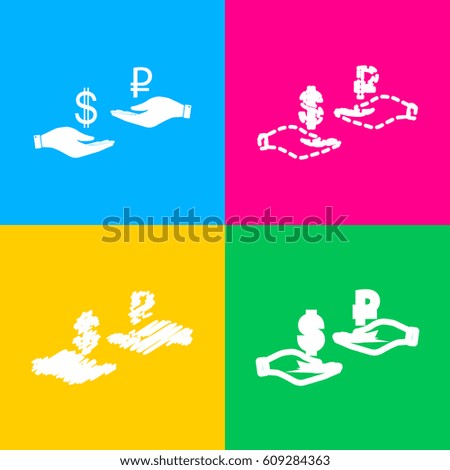 Currency exchange from hand to hand. Dollar and Rouble. Four styles of icon on four color squares.