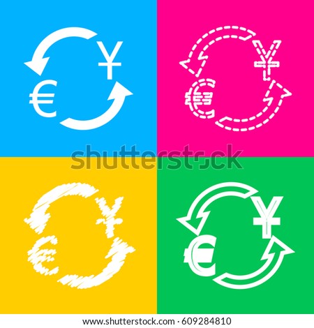 Currency exchange sign. Dollar and Euro. Four styles of icon on four color squares.