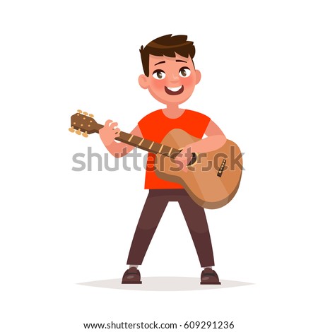 Boy is playing the guitar. Musical performance. Vector illustration in cartoon style
