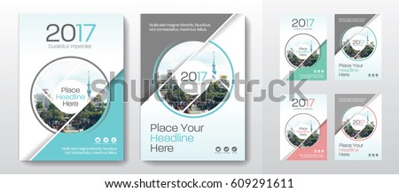 3 Color Schemes with City Background Business Book Cover Design Template set in A4. Can be adapt to Brochure, Annual Report, Magazine,Poster, Corporate Presentation, Portfolio, Flyer, Banner, Website Royalty-Free Stock Photo #609291611