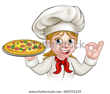A woman chef cartoon character holding pizza