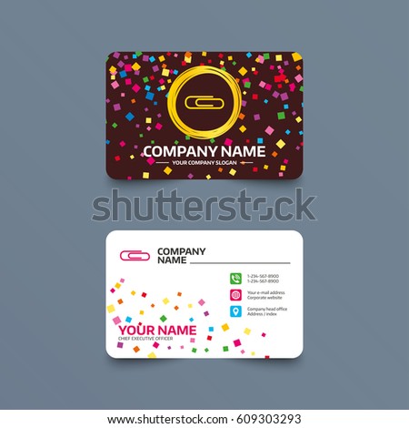 Business card template with confetti pieces. Paper clip sign icon. Clip symbol. Phone, web and location icons. Visiting card  Vector