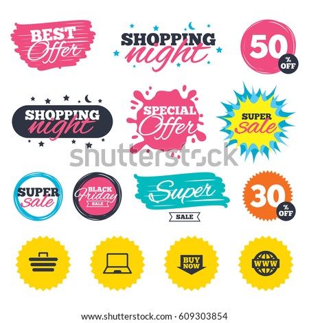Sale shopping banners. Special offer splash. Online shopping icons. Notebook pc, shopping cart, buy now arrow and internet signs. WWW globe symbol. Web badges and stickers. Best offer. Vector