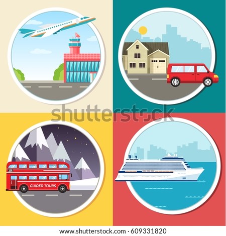 Variations transport of travel vacation tour infographic. Cruise, bus, flying on plane, car journey trip background. Flat vector illustration concepts set design.