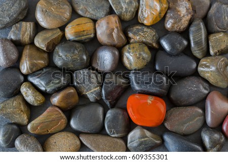 Black brown stones with one coral orange pebble gravel stands out between dark ones, natural colors
