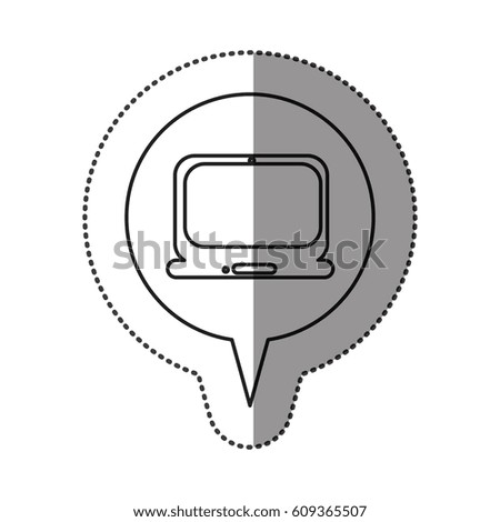 monochrome contour sticker with laptop computer icon in circular speech vector illustration
