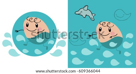 Cute child and dolphin swimming at the beach, vector