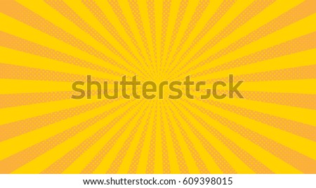 Bright sunbeams background with yellow dots. Abstract background with halftone dots design. Vector illustration. Royalty-Free Stock Photo #609398015