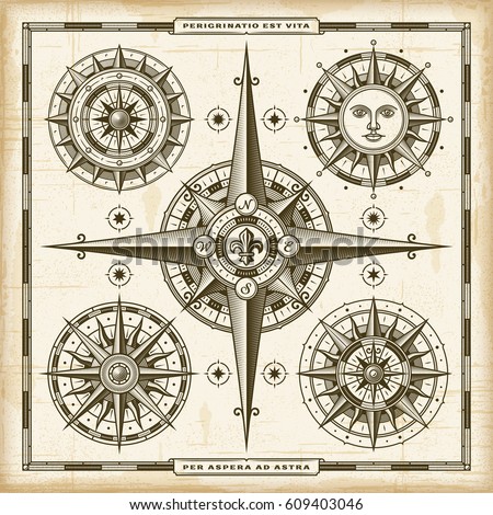 Vintage Compass Roses Set. EPS10 vector illustration in retro woodcut style with transparency.