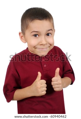 Smiling eight-year-old boy giving thumbs up sign, isolated on pure white background