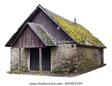 Simple  no name wooden forest vintage  rural shed for storage of firewood and agricultural tools. Isolated  Royalty-Free Stock Photo #609405599