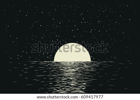 seascape with full moon at the night sea.Romantic vector illustration Royalty-Free Stock Photo #609417977