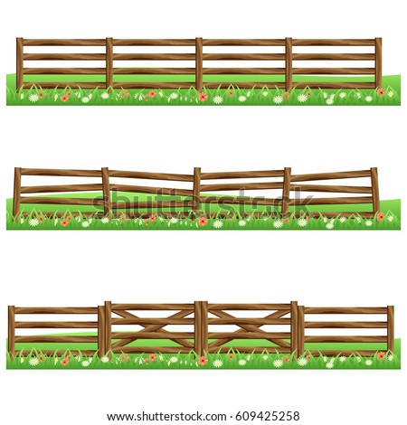 Set of farm wooden fences isolated on white background with grass and flowers.Fits as scene elements for cartoon or game asset. Vector illustration.