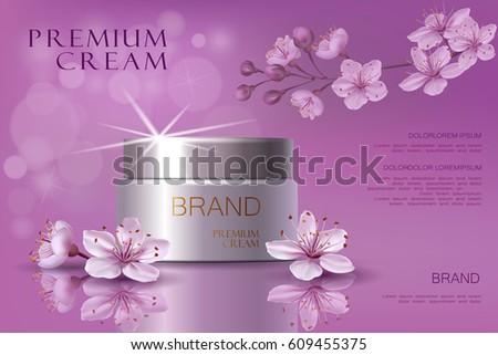 Premium VIP cosmetic ads, hydrating luxury facial cream for sale. Elegant soft color cream mask bottle isolated cherry sakura plum flower blossom gloss. 3D realistic detailed vector illustration.