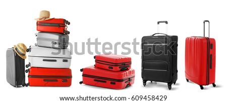 Set of suitcases on white background Royalty-Free Stock Photo #609458429