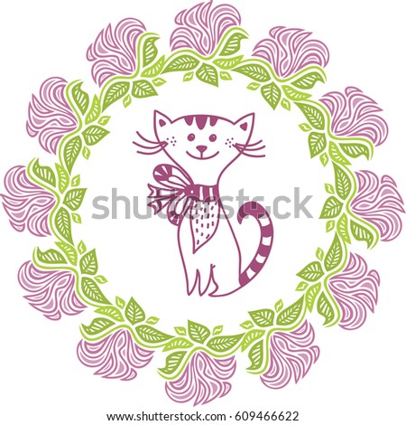 Cute cartoon cat and beautiful floral background. Vector illustration.