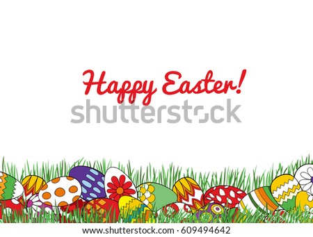 Border made with Easter eggs in the grass. Template design on white background with lettering.