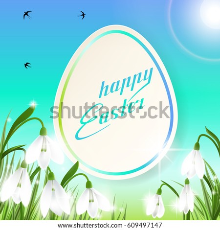 Happy Easter card with eggs, spring flowers, green grass and blue sky, lettering, calligraphy. Vector illustration EPS10.