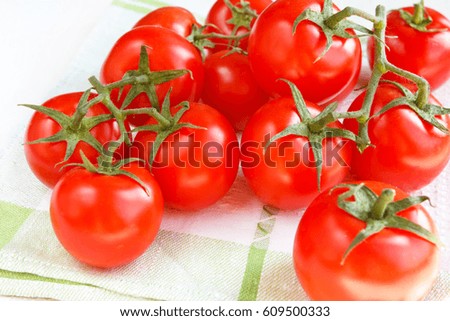 Fresh tomato juicy on a branch close-up on a light background horizontal view top view