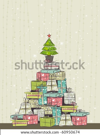 color background with christmas present and one tree,  vector illustration