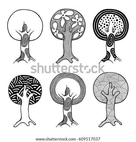 Vector set of hand drawn illustration, decorative ornamental stylized tree. Black and white graphic illustration isolated on the white background. Inc drawing silhouette. 