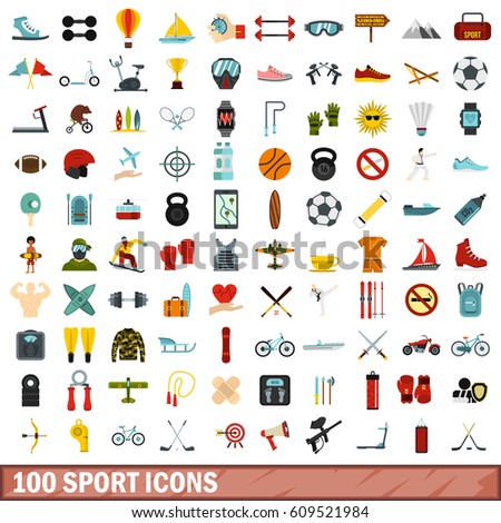 100 sport icons set in flat style. Illustration of sport icons set isolated vector for any design