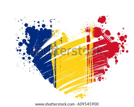 Grunge Romania national flag for your designs. Heart shaped.
