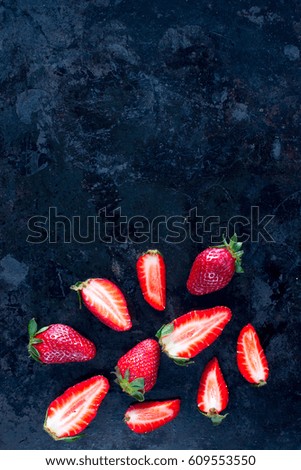 Food background with fresh strawberry .Top view, space for text