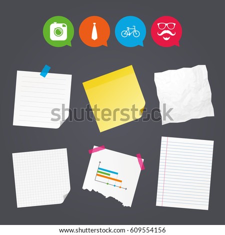 Business paper banners with notes. Hipster photo camera. Mustache with beard icon. Glasses and tie symbols. Bicycle sign. Sticky colorful tape. Speech bubbles with icons. Vector