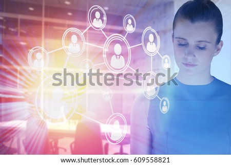 Young woman meditating against interior of empty office 3d