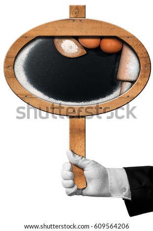 Baking Sign - Hand of chef with white glove holding a pole with oval sign with flour, eggs, rolling pin and a spoon. Isolated on a white background